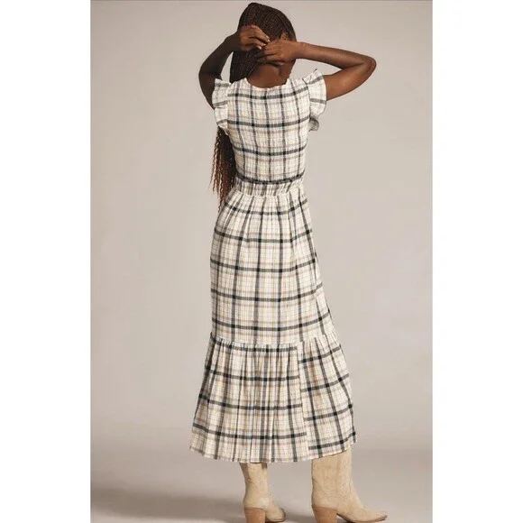 Anthropologie Midi Dress Women Peregrine Blue Plaid Preppy Vacay Boho Size L NWT - Picture 3 of 12